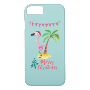 Pink Flamingo In A Santa Hat By A Palm Tree Xmas iPhone 8/7 Case
