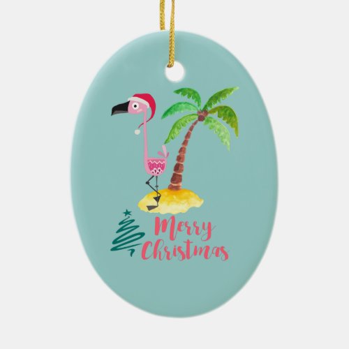 Pink Flamingo In A Santa Hat By A Palm Tree Xmas Ceramic Ornament