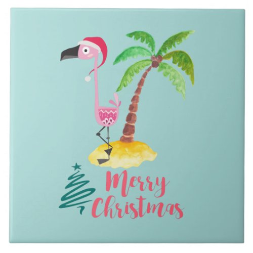 Pink Flamingo In A Santa Hat By A Palm Tree Xmas Ceramic Tile