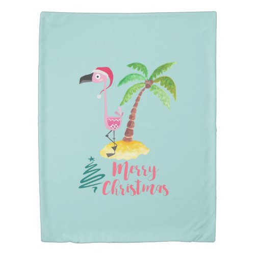 Pink Flamingo In A Santa Hat By A Palm Tree Xmas Duvet Cover