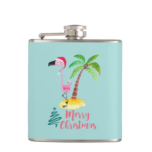 Pink Flamingo In A Santa Hat By A Palm Tree Xmas Flask