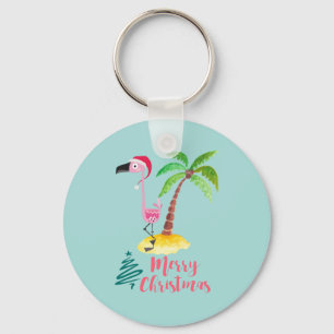 Pink Flamingo In A Santa Hat By A Palm Tree Xmas Keychain