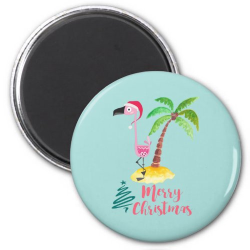 Pink Flamingo In A Santa Hat By A Palm Tree Xmas Magnet