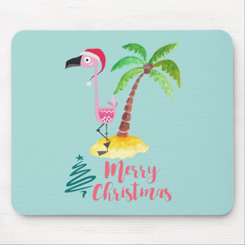 Pink Flamingo In A Santa Hat By A Palm Tree Xmas Mouse Pad