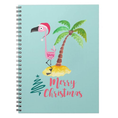 Pink Flamingo In A Santa Hat By A Palm Tree Xmas Notebook