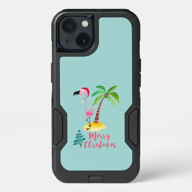 Pink Flamingo In A Santa Hat By A Palm Tree Xmas Otterbox iPhone Case (Back)