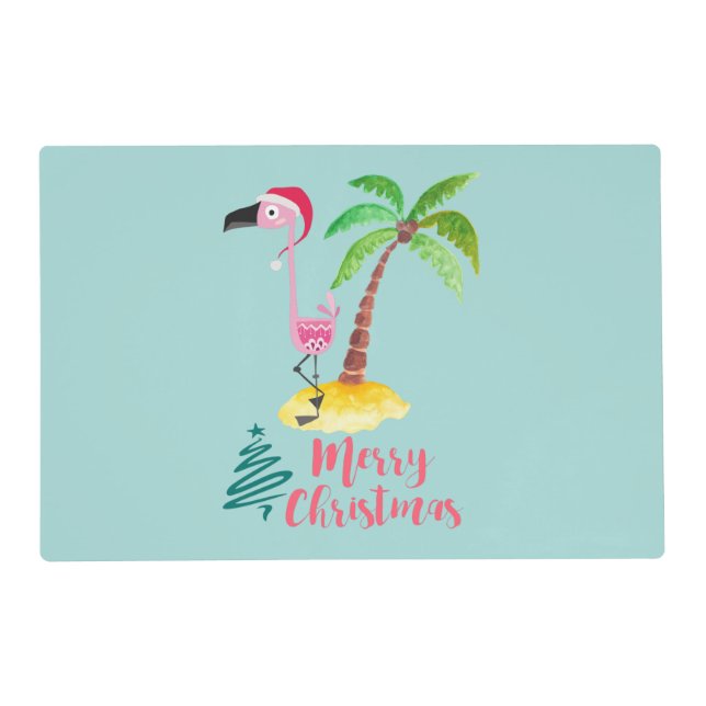 Pink Flamingo In A Santa Hat By A Palm Tree Xmas Placemat (Front)