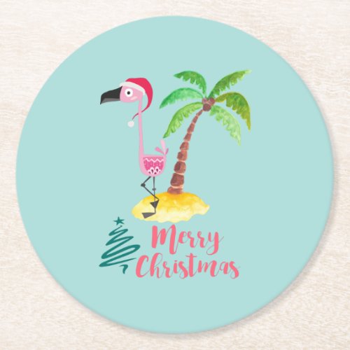 Pink Flamingo In A Santa Hat By A Palm Tree Xmas Round Paper Coaster