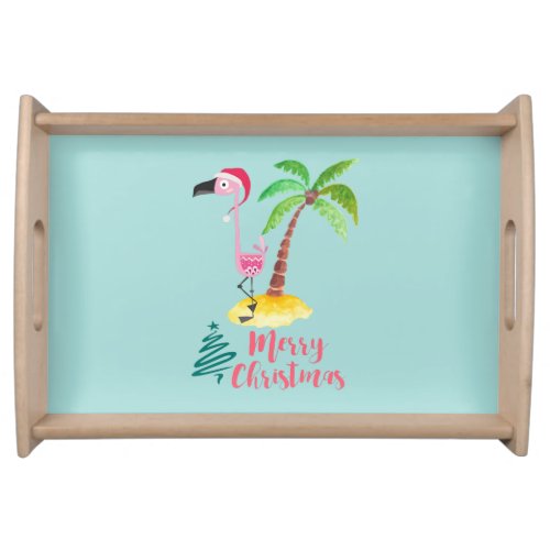 Pink Flamingo In A Santa Hat By A Palm Tree Xmas Serving Tray