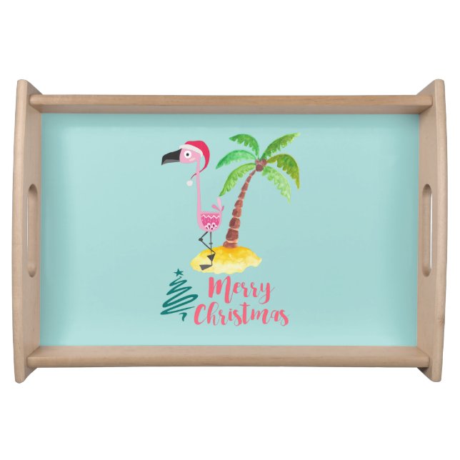 Pink Flamingo In A Santa Hat By A Palm Tree Xmas Serving Tray (Front)