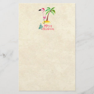 Pink Flamingo In A Santa Hat By A Palm Tree Xmas Stationery