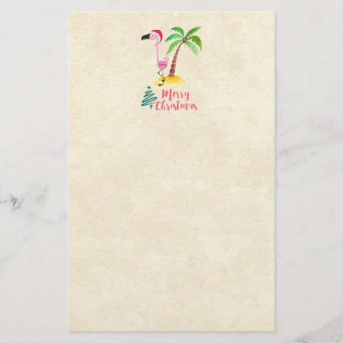 Pink Flamingo In A Santa Hat By A Palm Tree Xmas Stationery