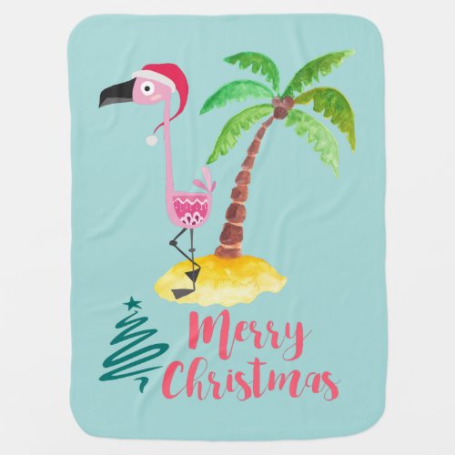 Pink Flamingo In A Santa Hat By A Palm Tree Xmas Stroller Blanket