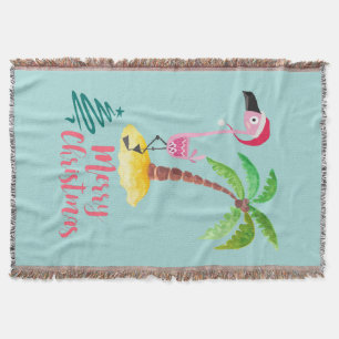 Pink Flamingo In A Santa Hat By A Palm Tree Xmas Throw Blanket