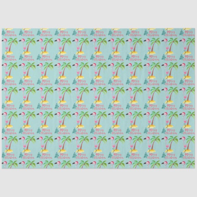 Pink Flamingo In A Santa Hat By A Palm Tree Xmas Tissue Paper (Front)
