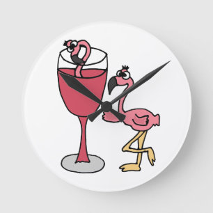 Pink Flamingo in Blush Wine Glass Round Clock