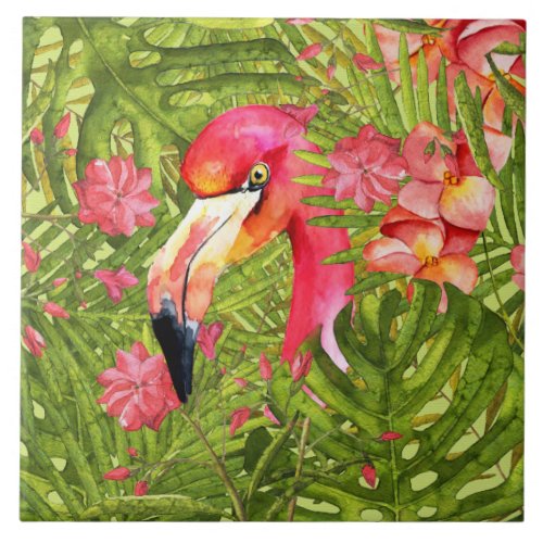 Pink Flamingo in Palm and Monstera Jungle Ceramic Tile