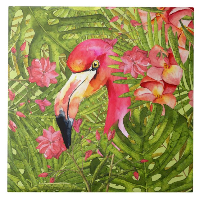 Pink Flamingo in Palm and Monstera Jungle Ceramic Tile (Front)