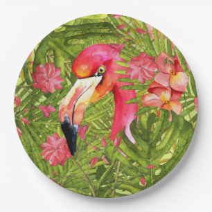 Pink Flamingo in Palm and Monstera Jungle Paper Plates