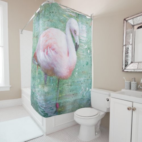 Pink Flamingo in Pond Watercolor Tropical Fine Art Shower Curtain