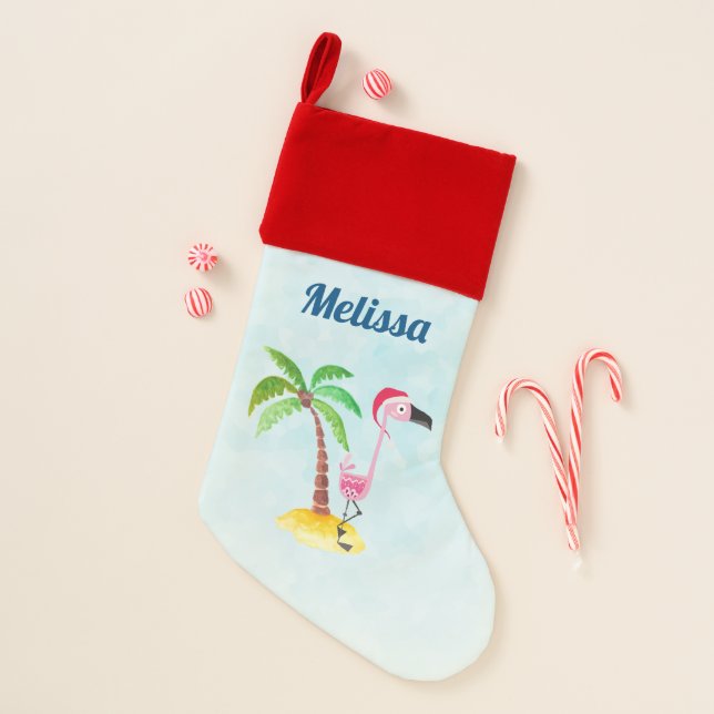 Pink Flamingo in Red Christmas Hat Stocking (Front)