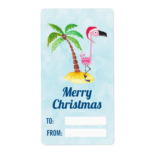 Pink Flamingo in Red Santa Hat Christmas Label (Front)