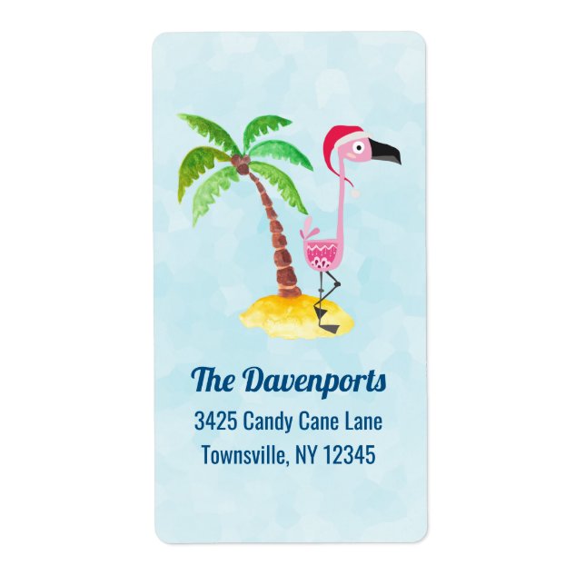 Pink Flamingo in Red Santa Hat Christmas Label (Front)