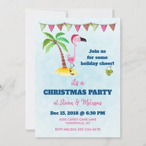 Pink Flamingo in Red Santa Hat Christmas Party Invitation