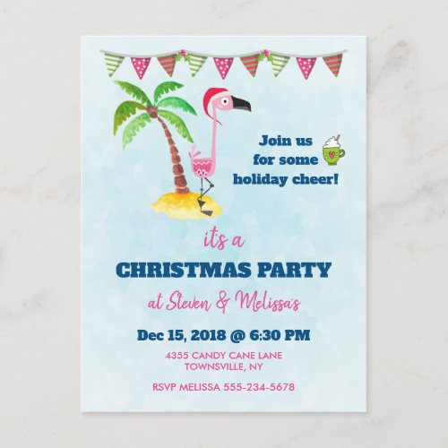 Pink Flamingo in Red Santa Hat Christmas Party Postcard