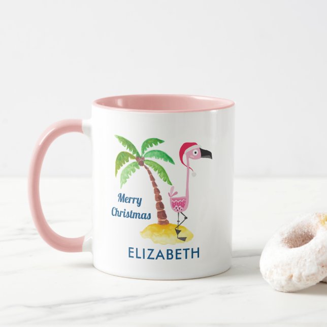Pink Flamingo in Red Santa Hat Tropical Christmas Mug (With Donut)