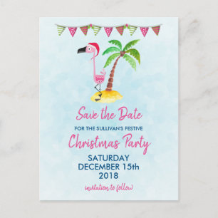 Pink Flamingo in Red Santa Hat Xmas Save the Date Postcard