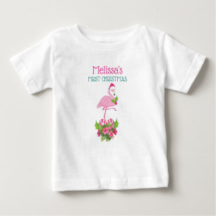 Pink Flamingo in Santa Hat 1st Christmas Baby T-Shirt