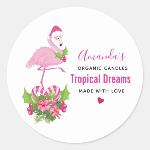 Pink Flamingo in Santa Hat Whimsical Candle Classic Round Sticker