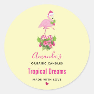 Pink Flamingo in Santa Hat Whimsical Candle Classic Round Sticker