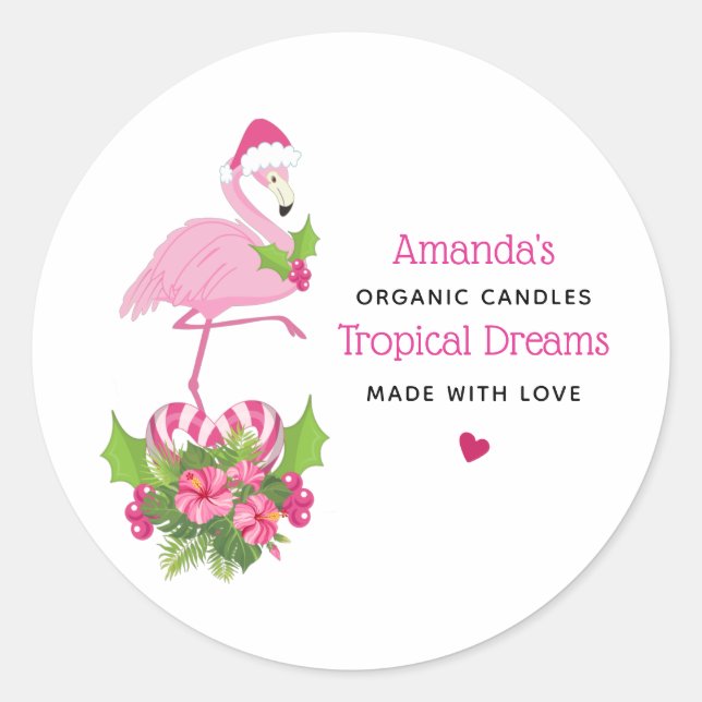 Pink Flamingo in Santa Hat Whimsical Candle Classic Round Sticker (Front)