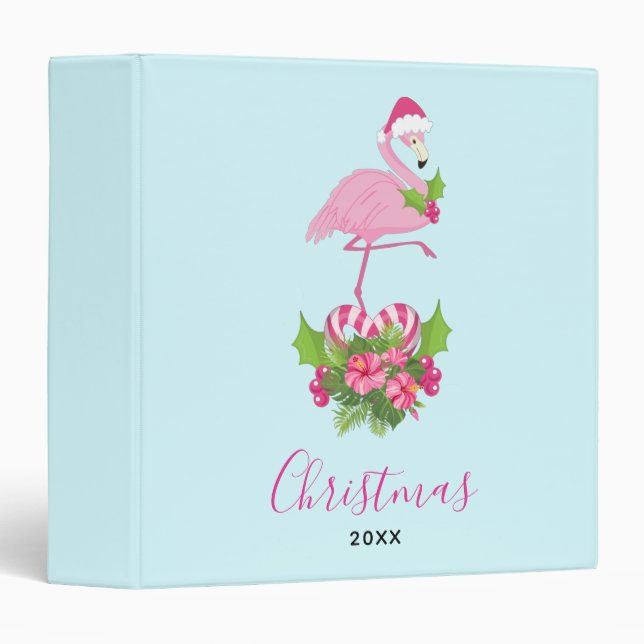 Pink Flamingo in Santa Hat Whimsical Christmas 3 Ring Binder (Front/Spine)