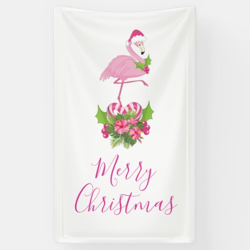 Pink Flamingo in Santa Hat Whimsical Christmas Banner