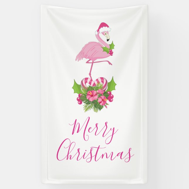 Pink Flamingo in Santa Hat Whimsical Christmas Banner (Vertical)