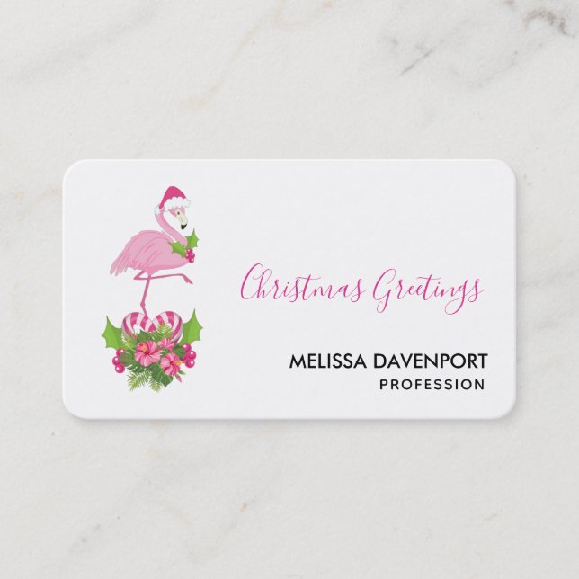 Pink Flamingo in Santa Hat Whimsical Christmas Business Card (Front)