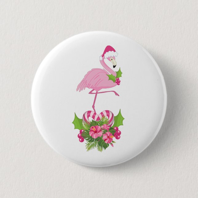 Pink Flamingo in Santa Hat Whimsical Christmas Button (Front)