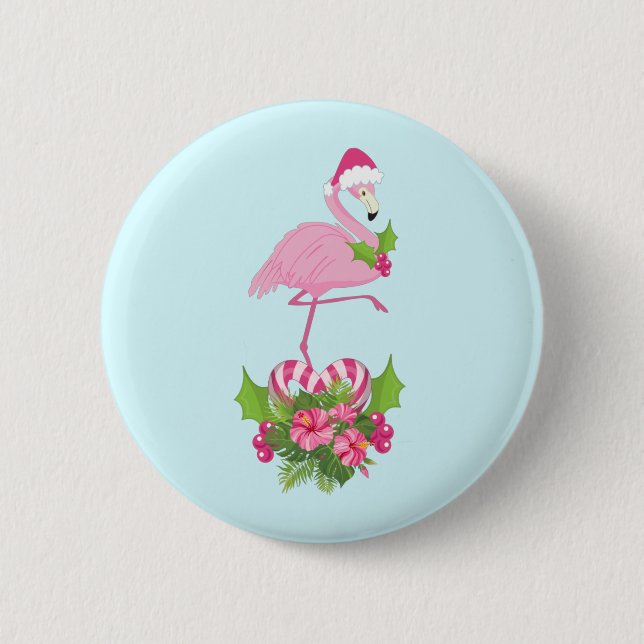 Pink Flamingo in Santa Hat Whimsical Christmas Button (Front)