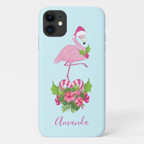 Pink Flamingo in Santa Hat Whimsical Christmas iPhone 11 Case