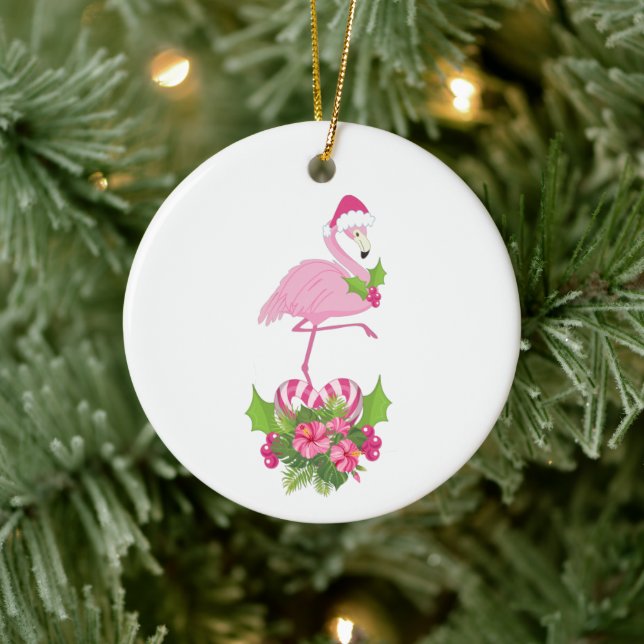 Pink Flamingo in Santa Hat Whimsical Christmas Ceramic Ornament (Tree)
