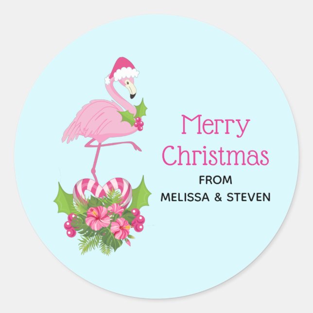 Pink Flamingo in Santa Hat Whimsical Christmas Classic Round Sticker (Front)