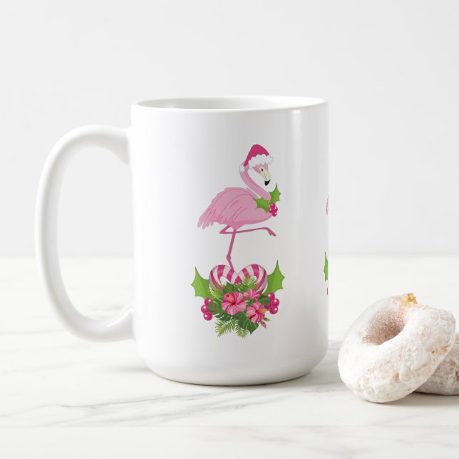 Pink Flamingo in Santa Hat Whimsical Christmas Coffee Mug (With Donut)