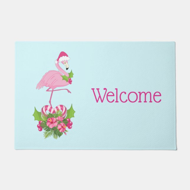 Pink Flamingo in Santa Hat Whimsical Christmas Doormat (Front)
