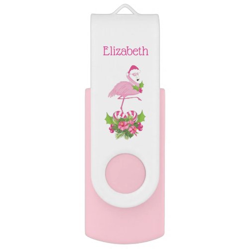 Pink Flamingo in Santa Hat Whimsical Christmas Flash Drive