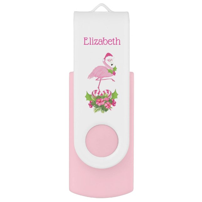 Pink Flamingo in Santa Hat Whimsical Christmas Flash Drive (Front Vertical)
