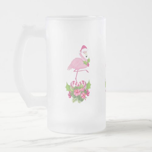 Pink Flamingo in Santa Hat Whimsical Christmas Frosted Glass Beer Mug