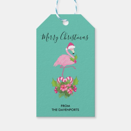Pink Flamingo in Santa Hat Whimsical Christmas Gift Tags